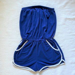 Retro Terry Cloth Blue White Trim Strapless Top Shorts Romper w/ Pockets Size M